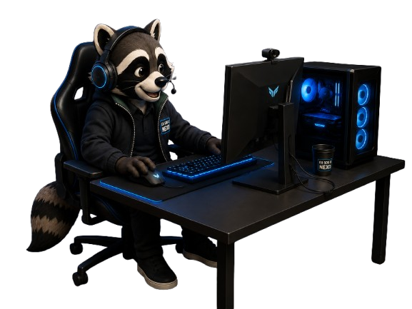 Nexo, o mascote da Kodex Hub, sentado ao computador com headset